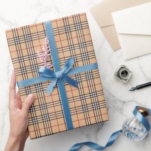 Chic Plaid Warm Tan Base White Black Brown Tartan Wrapping Paper