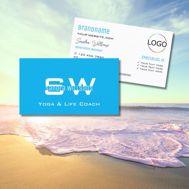 Chic Plain Sky Blue White with Monogram and Logo Business Card (Creator Uploaded)