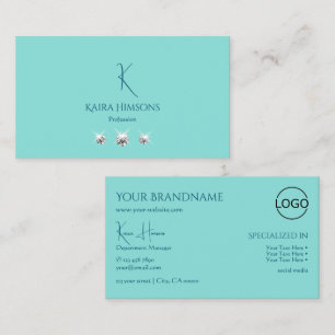 Chic Plain Teal with Monogram Logo and Glam Jewels Business Card