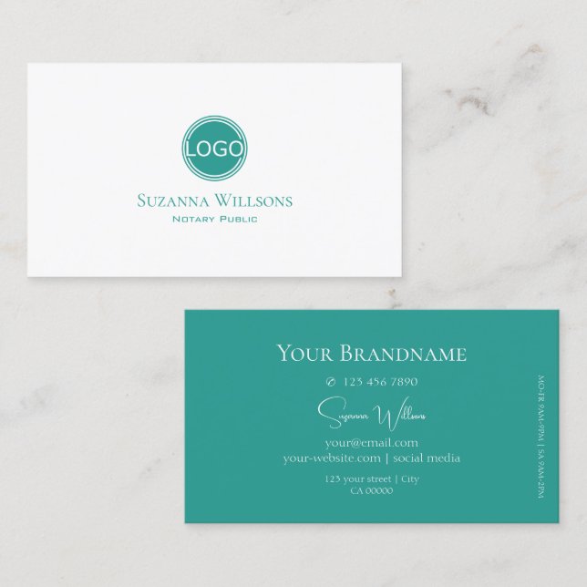 Chic Plain White and Teal with Logo Professional Business Card (Front/Back)