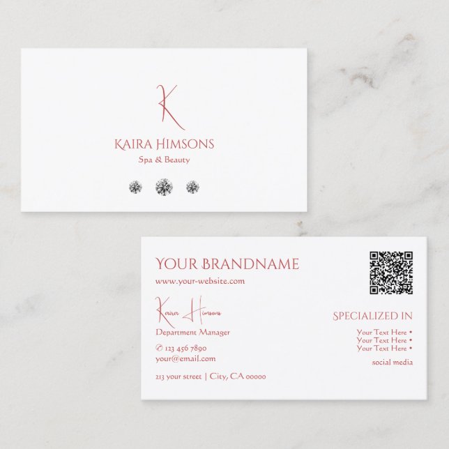 Chic Plain White with Monogram QRCode and Diamonds Business Card (Front/Back)