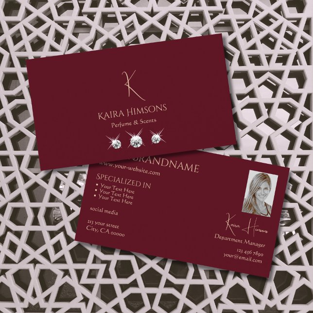 Chic Plain Wine Red with Monogram Photo and Jewels Business Card (Creator Uploaded)