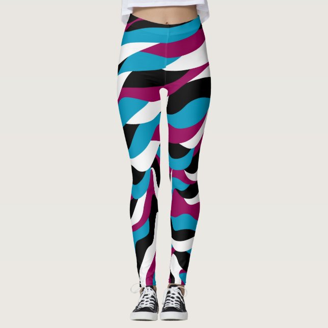 Chic Playful Abstract Retro Wavy Blue-Pink Leggings (Front)