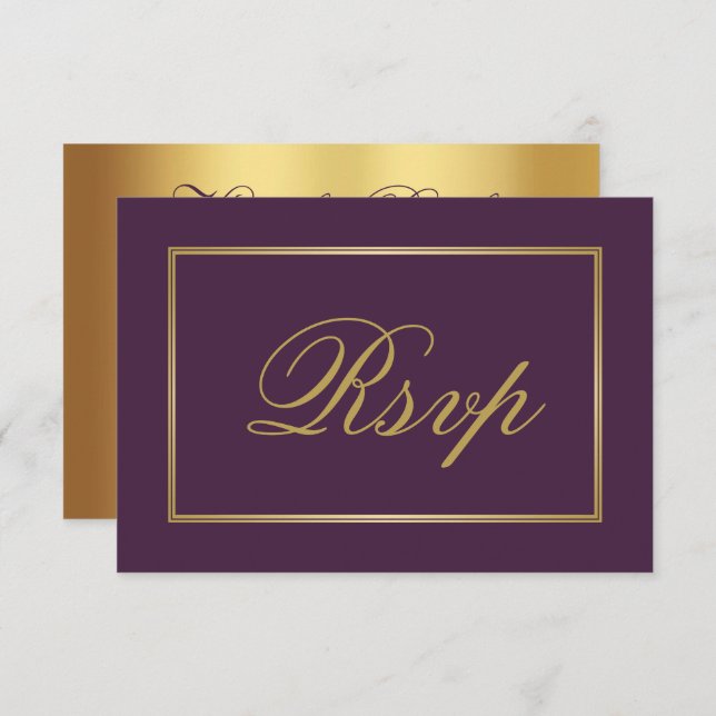 Chic Plum Purple Gold Script Calligraphy Wedding RSVP Card (Front/Back)