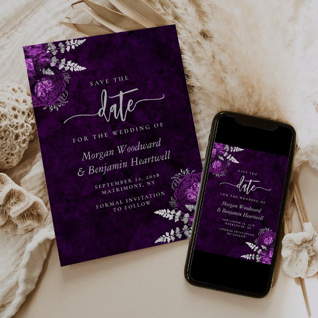 Chic Plum Silver Floral Wedding Save the Date Invitation (Creator Uploaded)