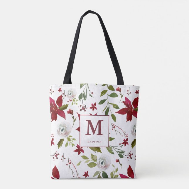 Chic Poinsettia Floral Monogram with First Name Tote Bag (Back)