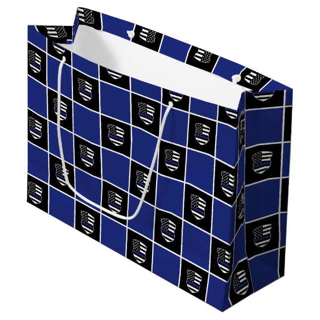 Chic Police Officer Thin Blue Line Badge Pattern Large Gift Bag (Front Angled)