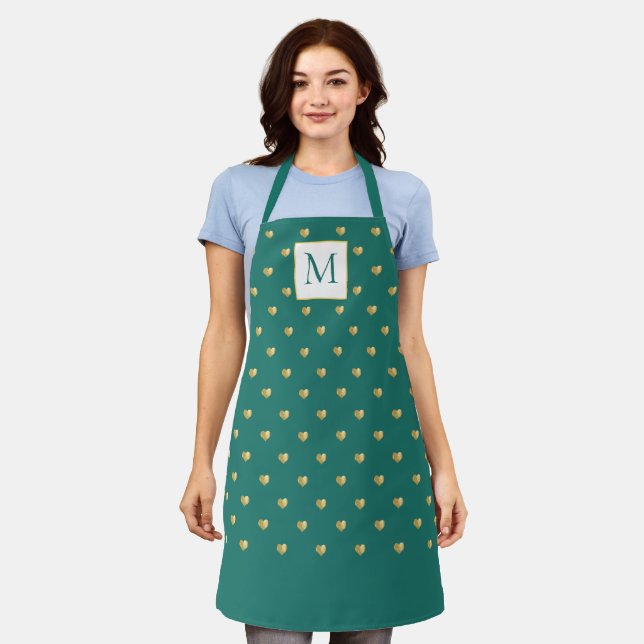 Chic Polka Dot Gold Hearts Monogram Turquoise Apron (Worn)