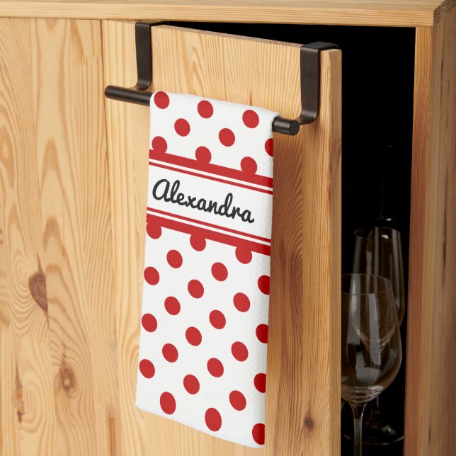 Chic Polka Dot Red White Background Kitchen Towel (Thirds Fold)