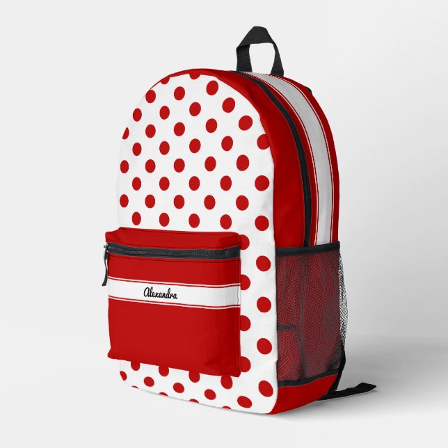 Chic Polka Dot Red White Background Printed Backpack (Back Corner Right)