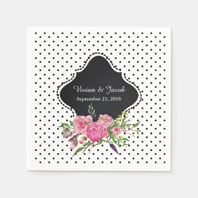 Chic Polka Dots and Peonies Wedding Napkin (Front)