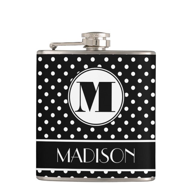 Chic Polka Dots Monogram Personalized Hip Flask (Front)