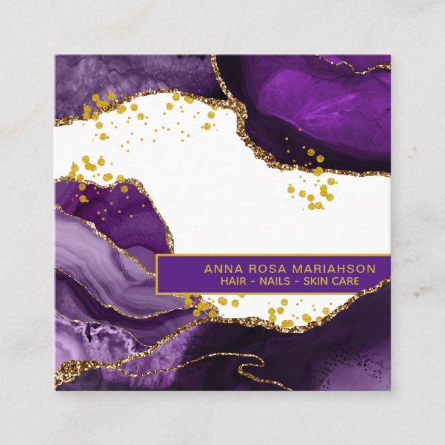 *~* Chic Popular Gold Glitter Purple Agate Beauty Square Business Card (Front)