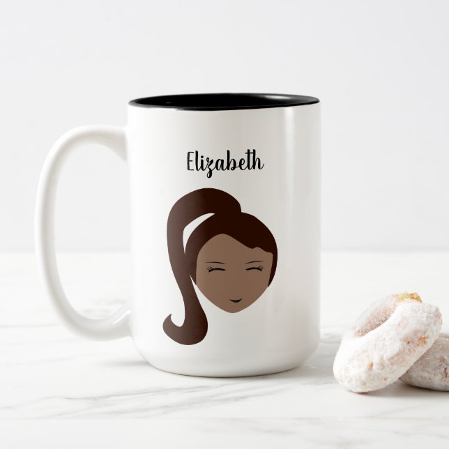 Chic Portrait: Customizable Brunette Girl Illustra Two-Tone Coffee Mug (With Donut)