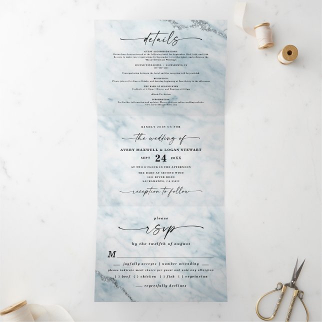 Chic Powder Blue Marble with Silver Foil Wedding Tri-Fold Invitation (Inside)