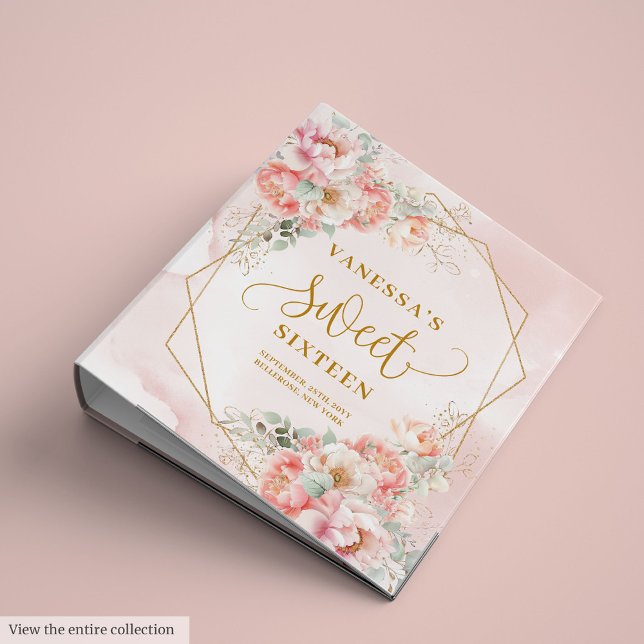 Chic Powder Pink Gold Peonies Sweet 16 Ring Binder (Chic Powder Pink Gold Peonies Sweet 16 Ring Binder)