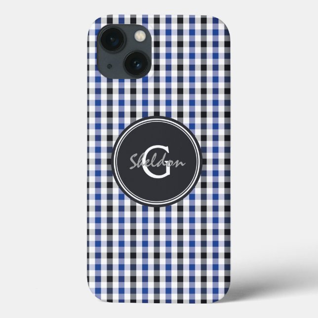 chic preppy blue black gingham pattern monogram Case-Mate iPhone case (Back)