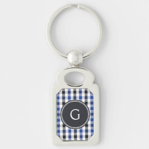 chic preppy blue black gingham pattern monogram keychain