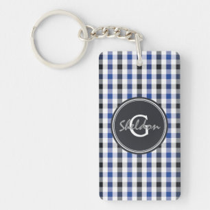 chic preppy blue black gingham pattern monogram keychain