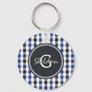 chic preppy blue black gingham pattern monogram keychain