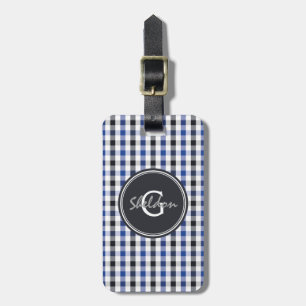 chic preppy blue black gingham pattern monogram luggage tag