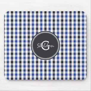 chic preppy blue black gingham pattern monogram mouse pad