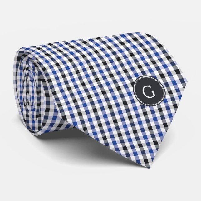 chic preppy blue black gingham pattern monogram tie (Rolled)