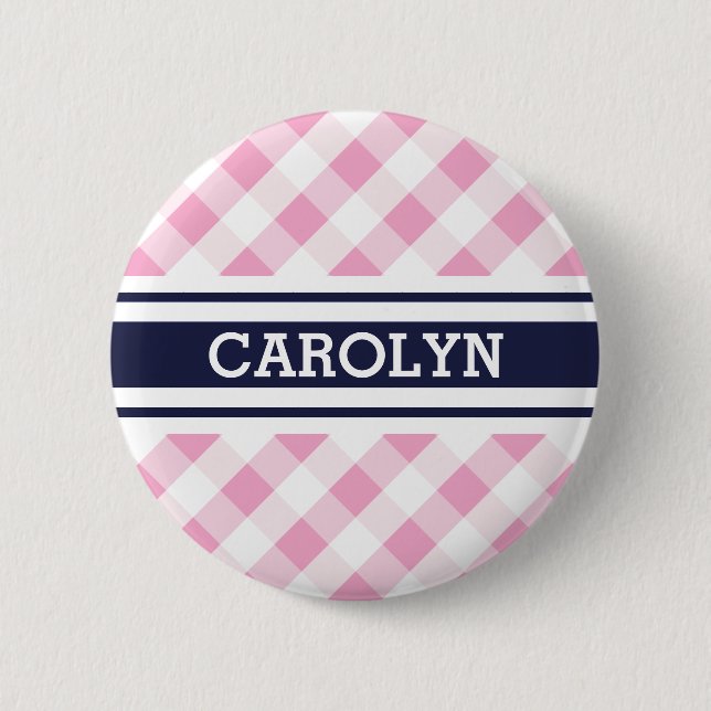 chic preppy pink navy gingham pattern monogram 2 inch round button (Front)