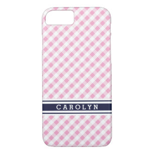 chic preppy pink navy gingham pattern monogram iPhone 8/7 case