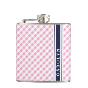 chic preppy pink navy gingham pattern monogram hip flask