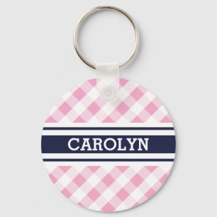 chic preppy pink navy gingham pattern monogram keychain