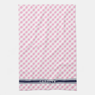 chic preppy pink navy gingham pattern monogram kitchen towel