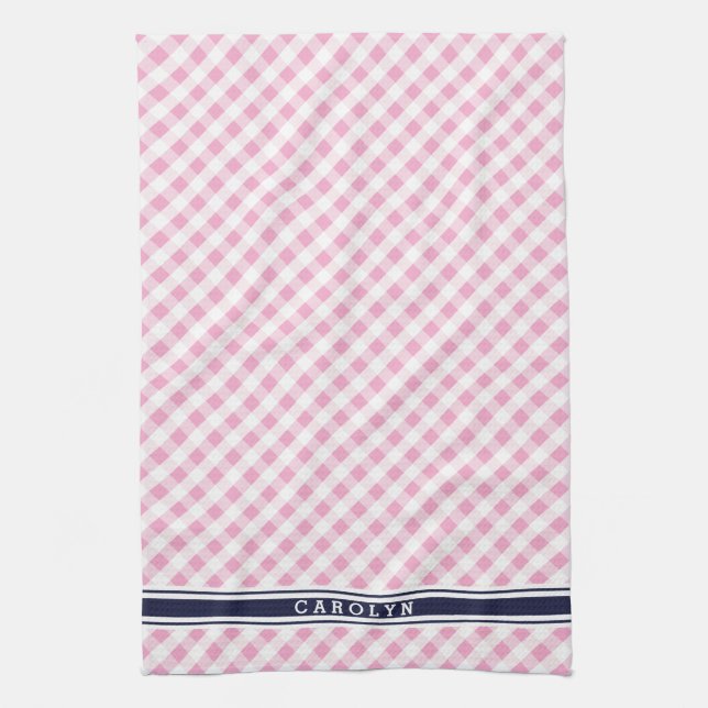 chic preppy pink navy gingham pattern monogram kitchen towel (Vertical)
