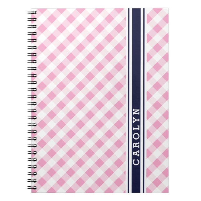 chic preppy pink navy gingham pattern monogram notebook (Front)