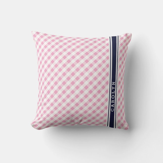 chic preppy pink navy gingham pattern monogram throw pillow (Front)