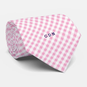 chic preppy pink navy gingham pattern monogram tie