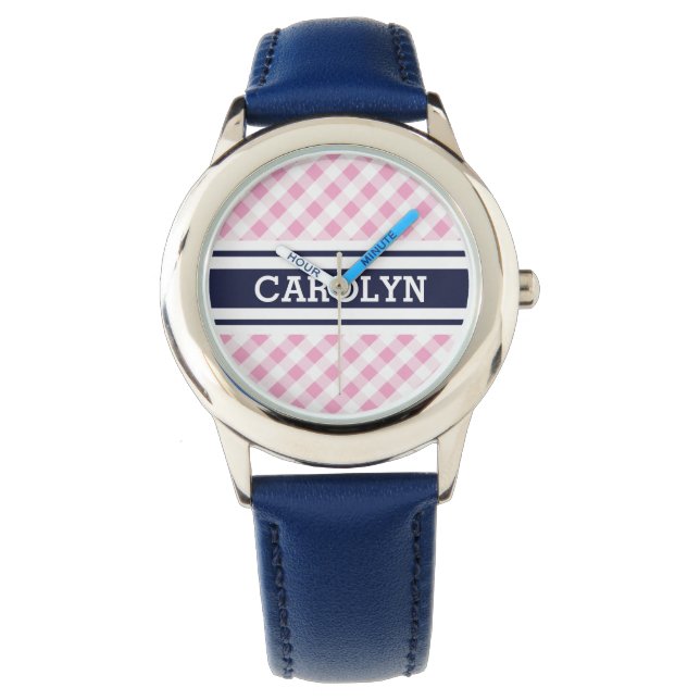 chic preppy pink navy gingham pattern monogram watch (Front)
