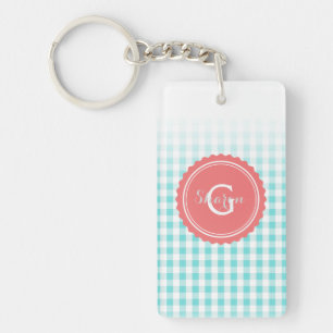 chic preppy turquoise gingham pattern monogram keychain