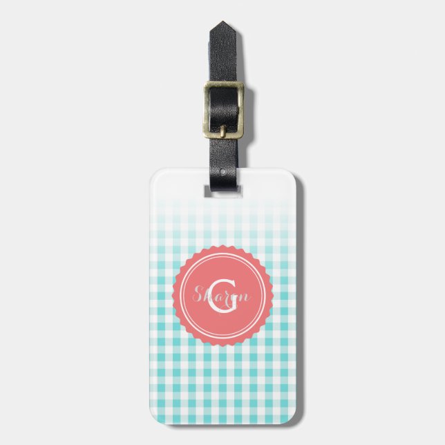 chic preppy turquoise gingham pattern monogram luggage tag (Front Vertical)