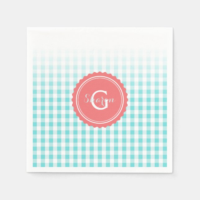 chic preppy turquoise gingham pattern monogram napkin (Front)