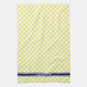chic preppy yellow navy gingham pattern monogram kitchen towel