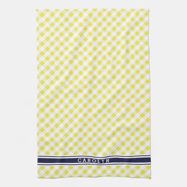 chic preppy yellow navy gingham pattern monogram kitchen towel (Vertical)