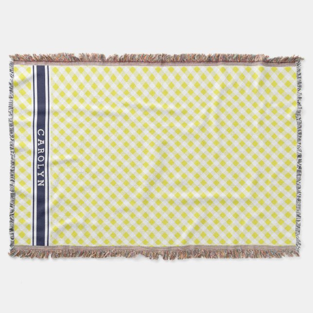 chic preppy yellow navy gingham pattern monogram throw blanket (Front)