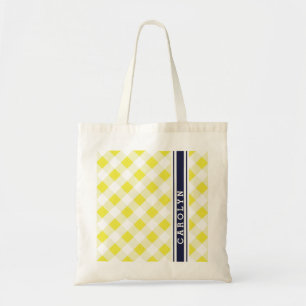 chic preppy yellow navy gingham pattern monogram tote bag