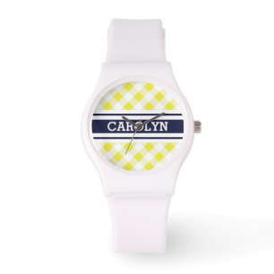 chic preppy yellow navy gingham pattern monogram watch