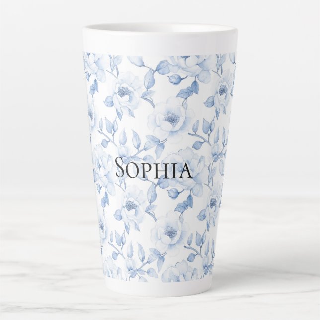 Chic Pretty Blue White Flowers Latte Mug (Front)