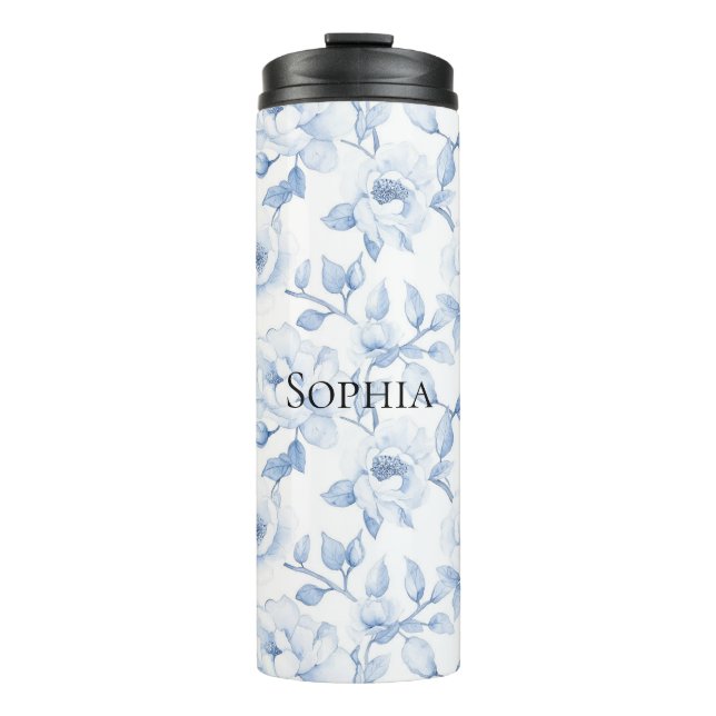 Chic Pretty Blue White Flowers Thermal Tumbler (Front)