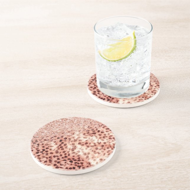 Chic Pretty Girly Rose Gold Leopard Glitter Love Coaster (Side)