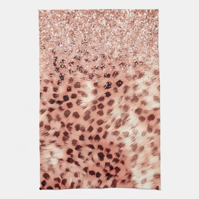 Chic Pretty Girly Rose Gold Leopard Glitter Love Kitchen Towel (Vertical)