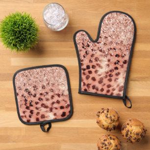 Chic Pretty Girly Rose Gold Leopard Glitter Love Oven Mitt & Pot Holder Set